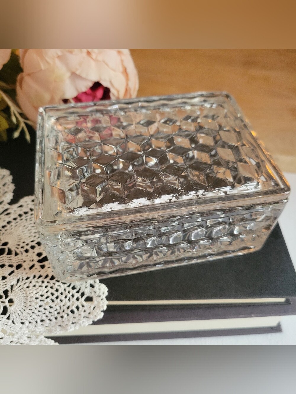 Vintage Fostoria Glass American Rectangular Open Candy Cigarette Box Optic Cube